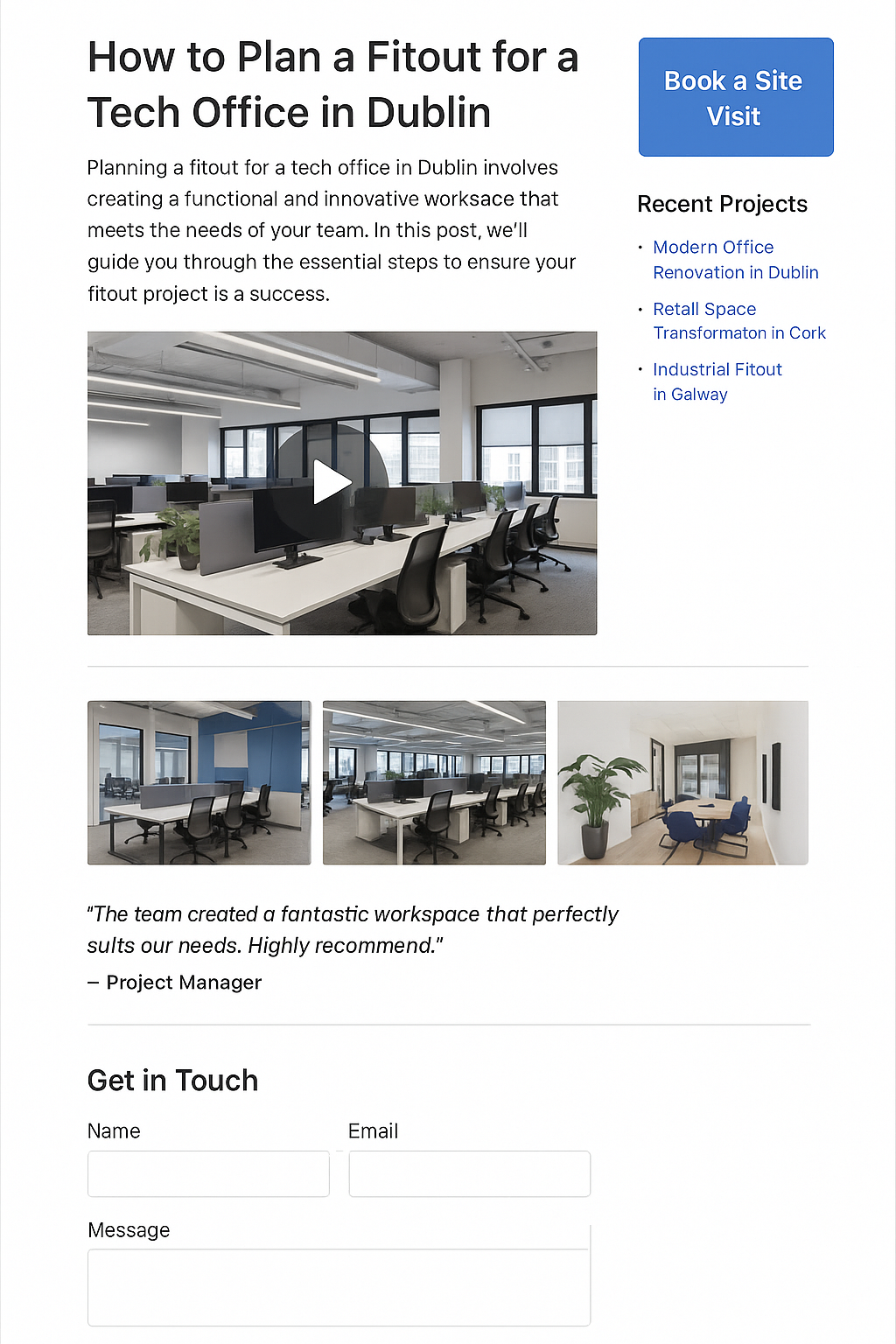 Example of a blog post layout for a commercial fitout company including hero image, project gallery, CTA button, and contact form