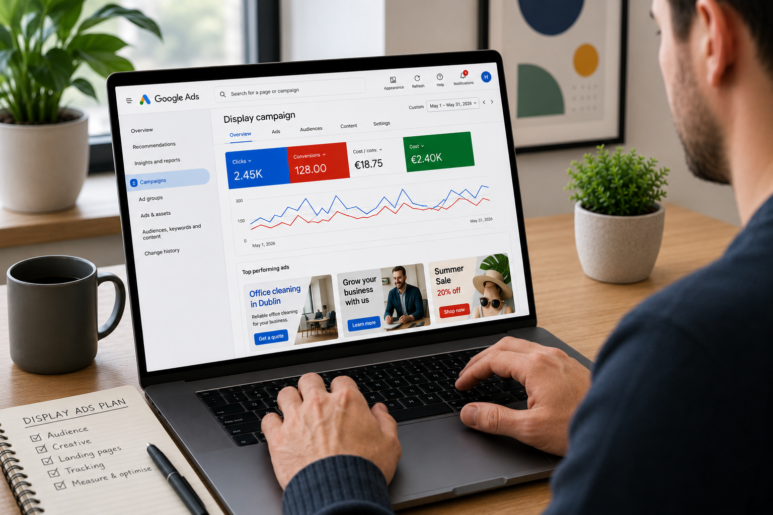 Small Irish business owner reviewing a Google display ads campaign
