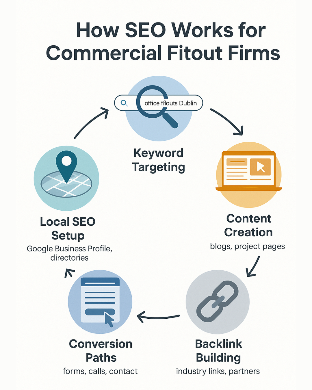 Overview diagram showing how local SEO and content marketing attract commercial fitout clients